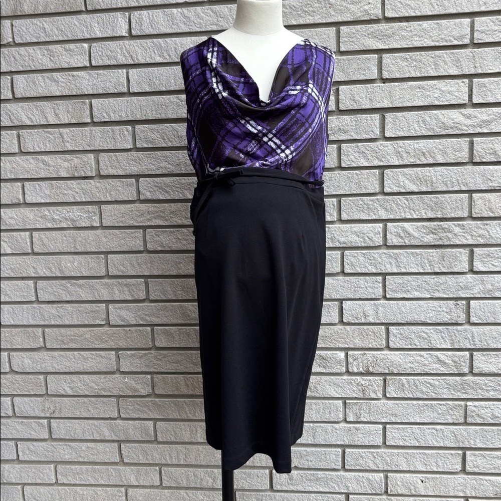 Motherhood Maternity Purple Plaid Drape Neck Dress with Black Skirt Size Medium